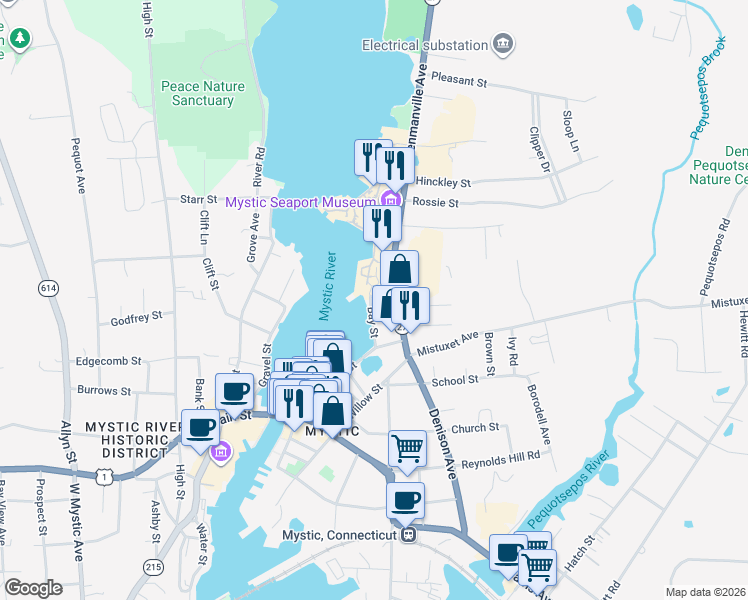 map of restaurants, bars, coffee shops, grocery stores, and more near 9 Bay Street in Stonington