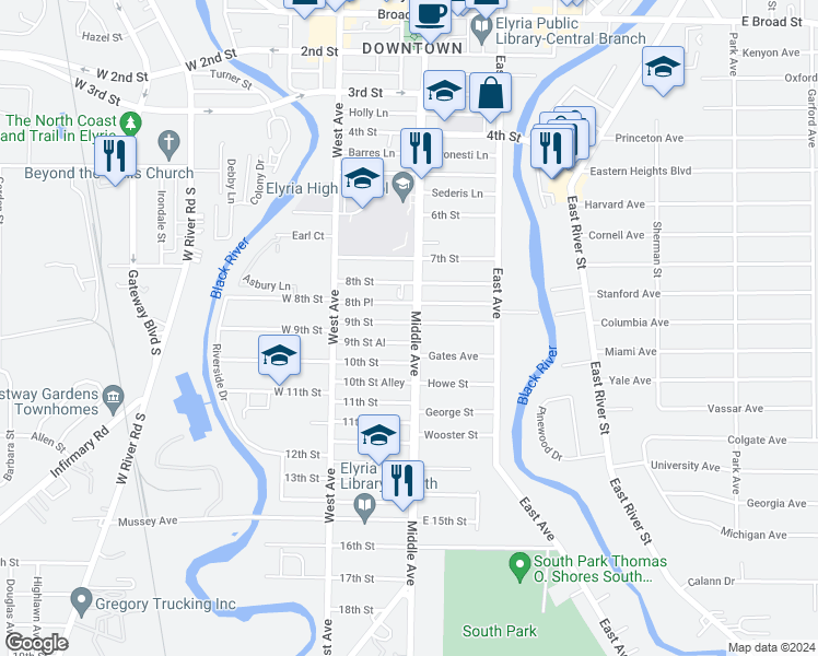 map of restaurants, bars, coffee shops, grocery stores, and more near 901 Middle Avenue in Elyria