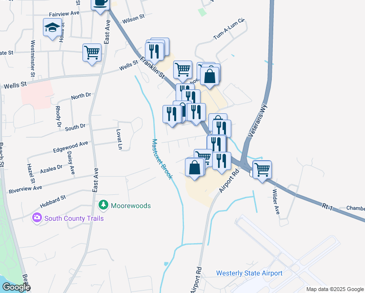 map of restaurants, bars, coffee shops, grocery stores, and more near 15 Charles Avenue in Westerly