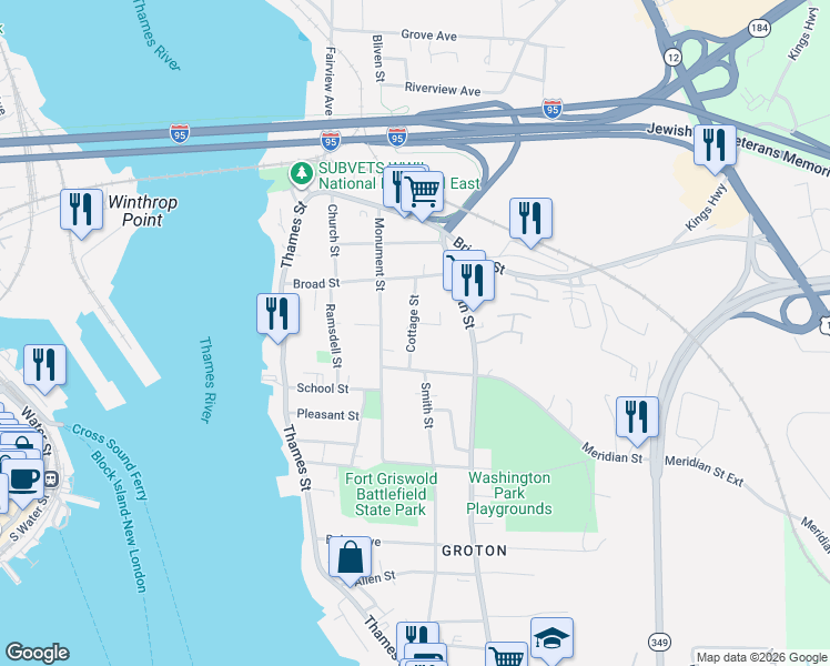 map of restaurants, bars, coffee shops, grocery stores, and more near 77 Cottage Street in Groton