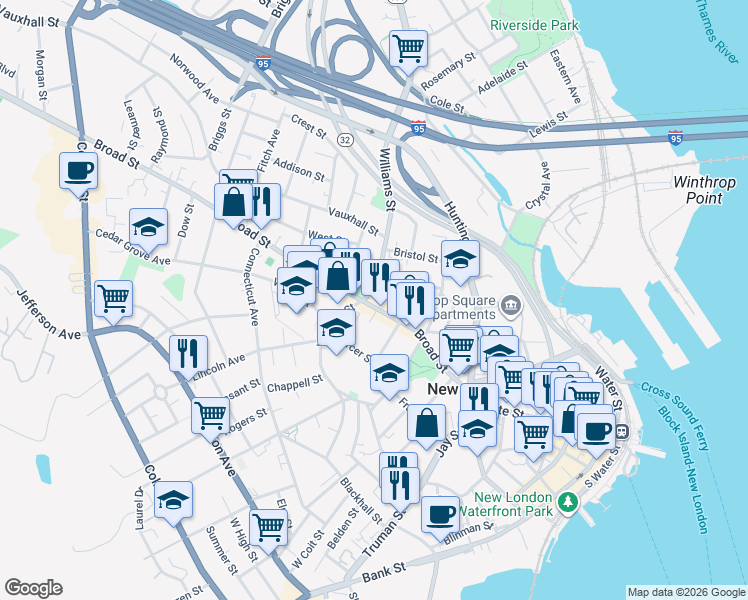 map of restaurants, bars, coffee shops, grocery stores, and more near 130 Broad Street in New London