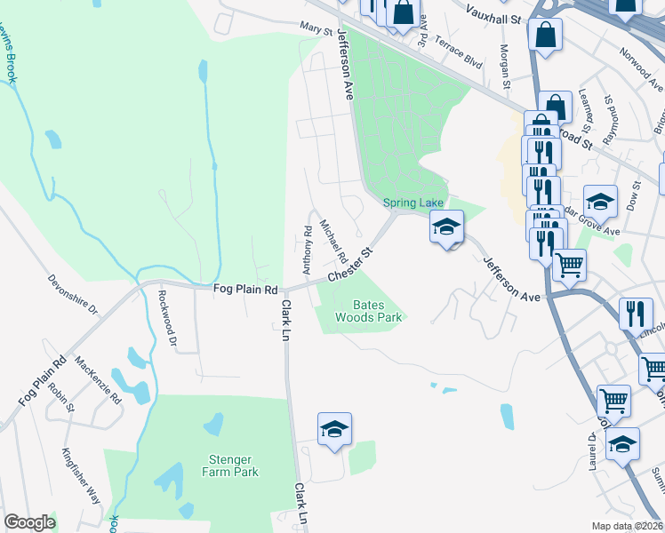 map of restaurants, bars, coffee shops, grocery stores, and more near 80 Chester Street in New London