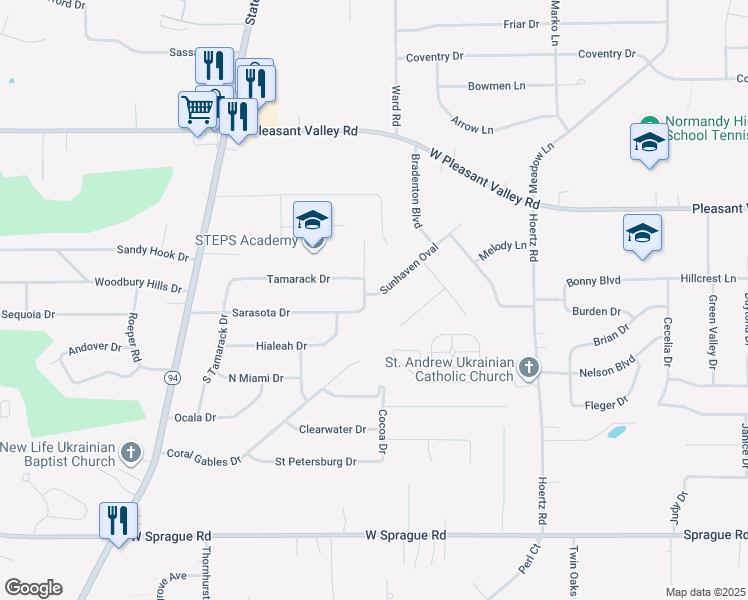 map of restaurants, bars, coffee shops, grocery stores, and more near 7631 North Sarasota Drive in Parma
