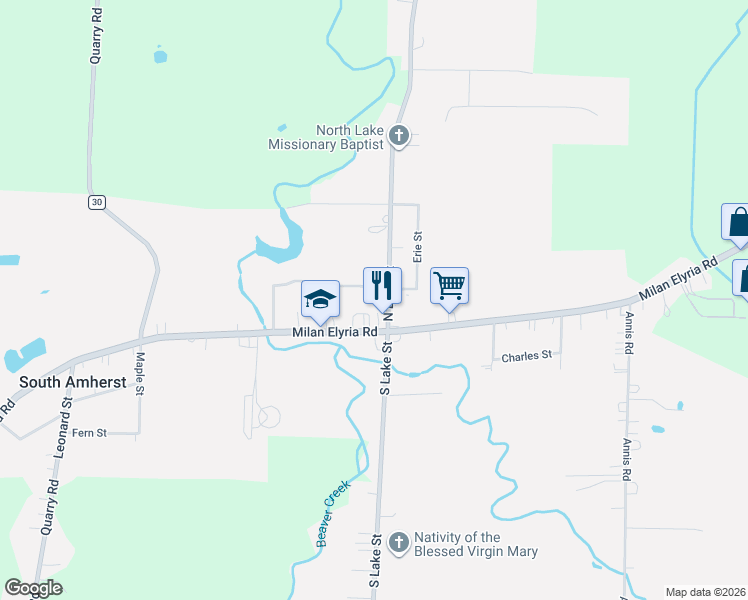 map of restaurants, bars, coffee shops, grocery stores, and more near 104 South Lake Street in South Amherst