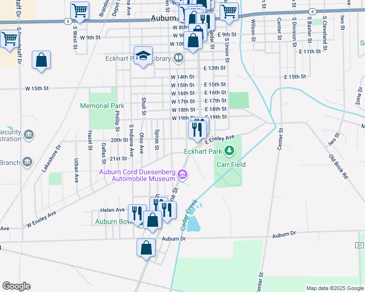 map of restaurants, bars, coffee shops, grocery stores, and more near 210 West Ensley Avenue in Auburn