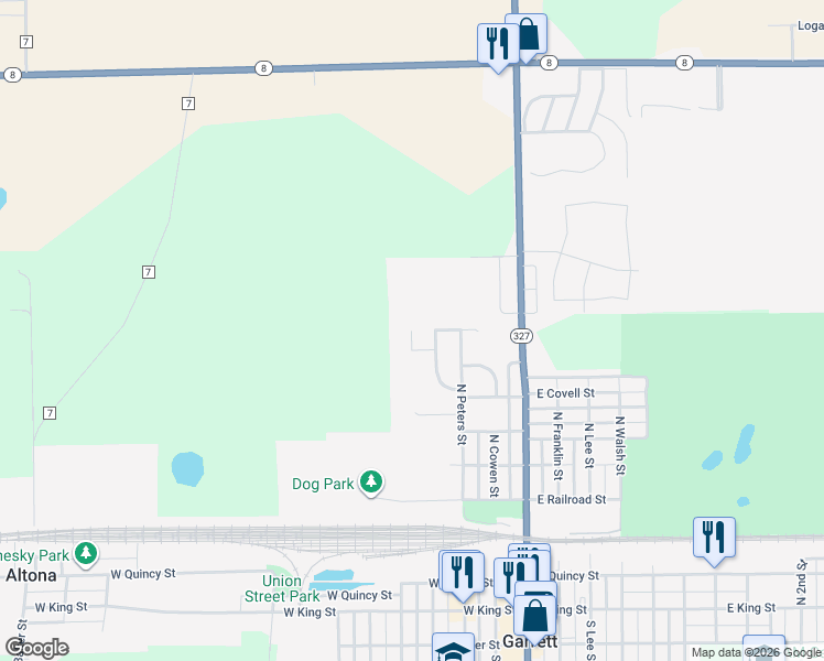 map of restaurants, bars, coffee shops, grocery stores, and more near 899 Greenfield Court in Garrett