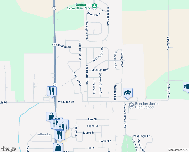 map of restaurants, bars, coffee shops, grocery stores, and more near 1438 Trailside Drive in Beecher
