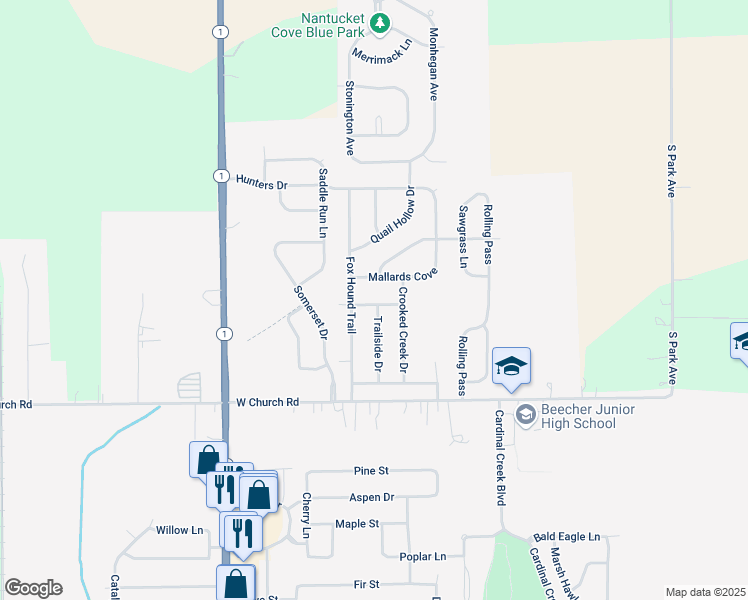 map of restaurants, bars, coffee shops, grocery stores, and more near 1438 Trailside Drive in Beecher