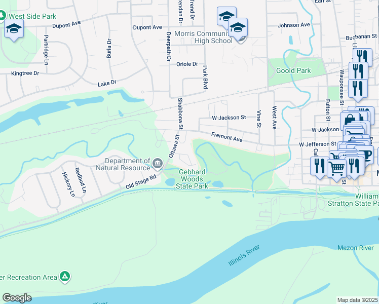 map of restaurants, bars, coffee shops, grocery stores, and more near 241 Ottawa Bend Drive in Morris