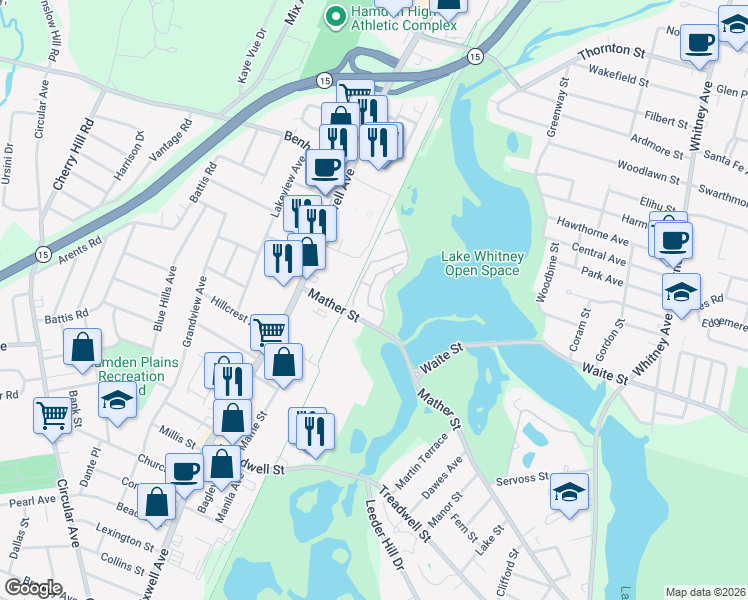 map of restaurants, bars, coffee shops, grocery stores, and more near 375 Mather Street in Hamden