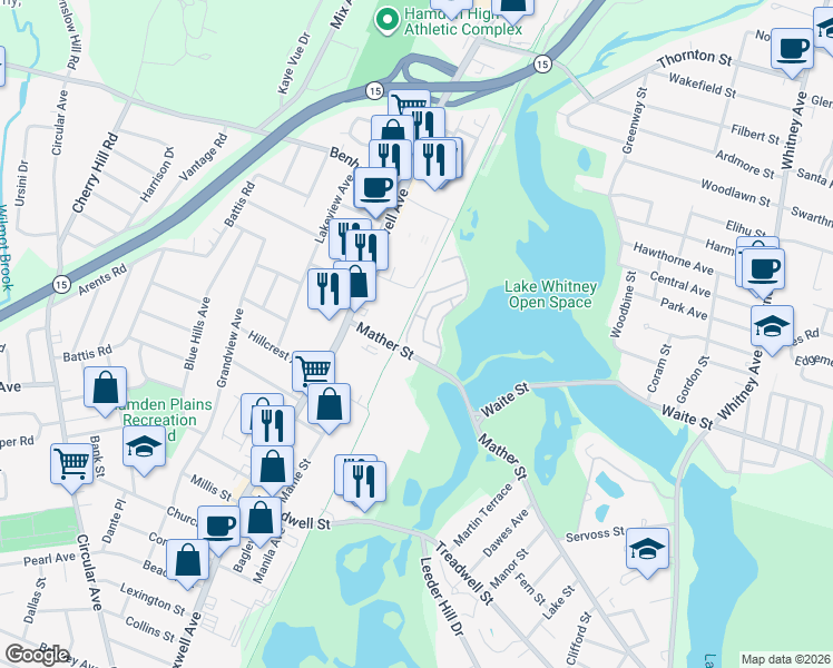 map of restaurants, bars, coffee shops, grocery stores, and more near 375 Mather Street in Hamden