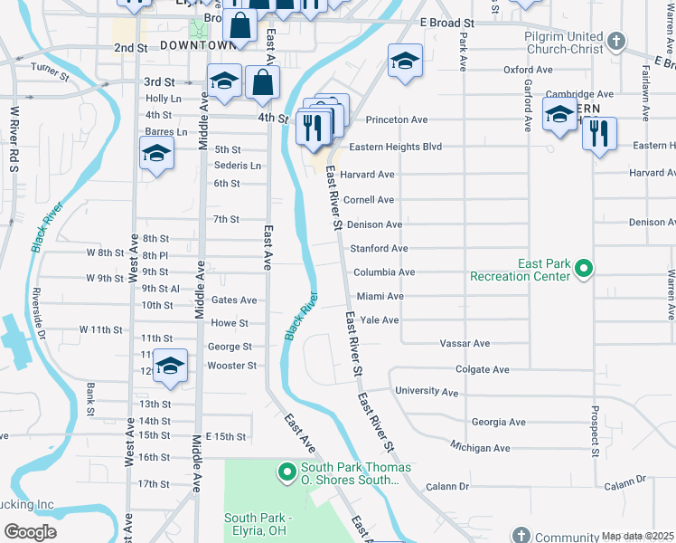 map of restaurants, bars, coffee shops, grocery stores, and more near 1049 East River Street in Elyria