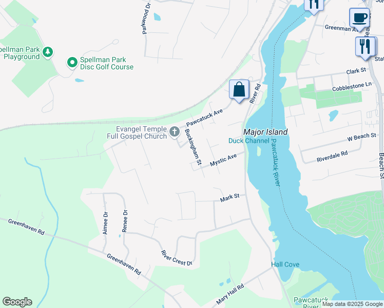 map of restaurants, bars, coffee shops, grocery stores, and more near 41 Mystic Avenue in Stonington