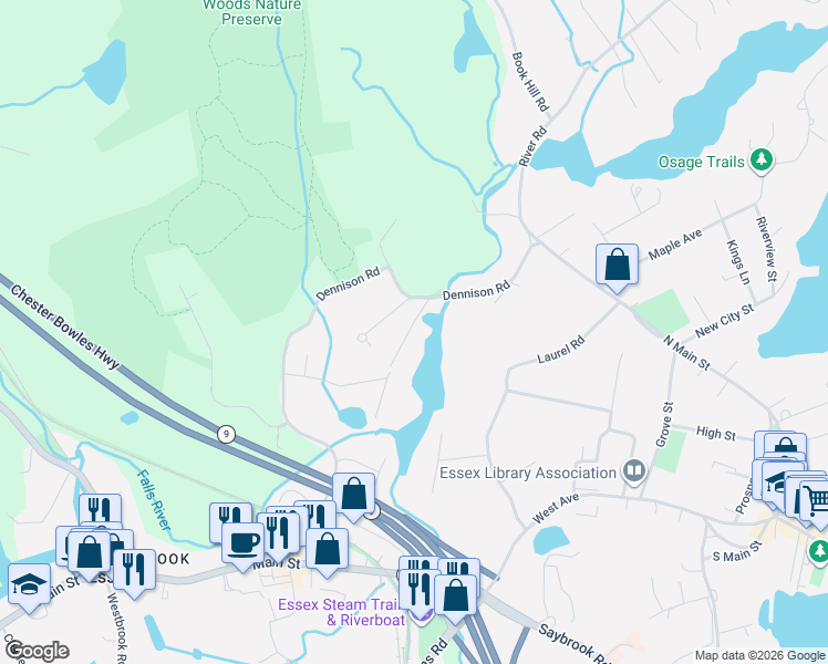 map of restaurants, bars, coffee shops, grocery stores, and more near 34 Trolley Lane in Essex
