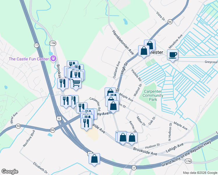 map of restaurants, bars, coffee shops, grocery stores, and more near 12 Butler Terrace in Chester