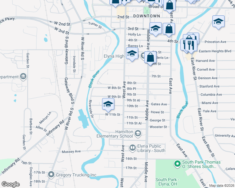 map of restaurants, bars, coffee shops, grocery stores, and more near 407 10th Street in Lorain