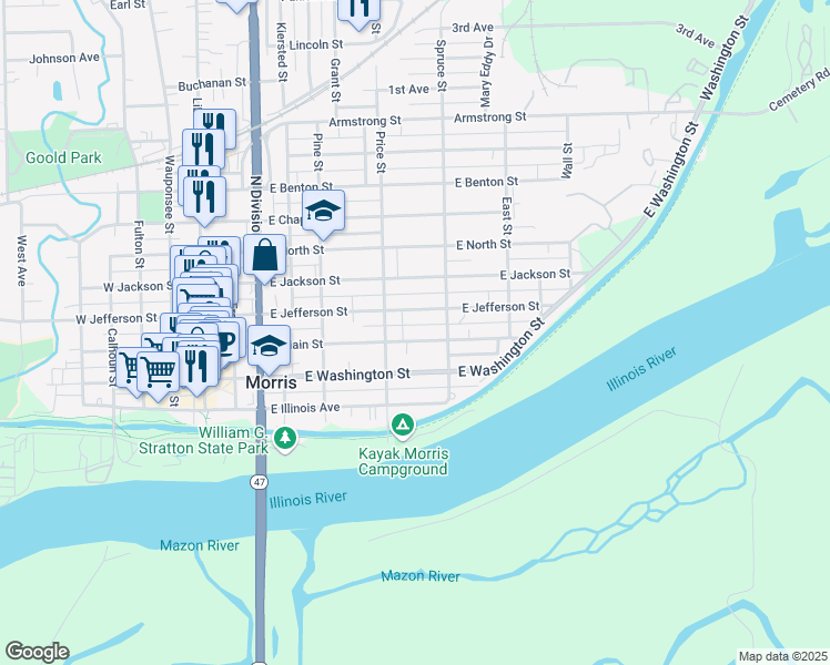 map of restaurants, bars, coffee shops, grocery stores, and more near 718 East Washington Street in Morris