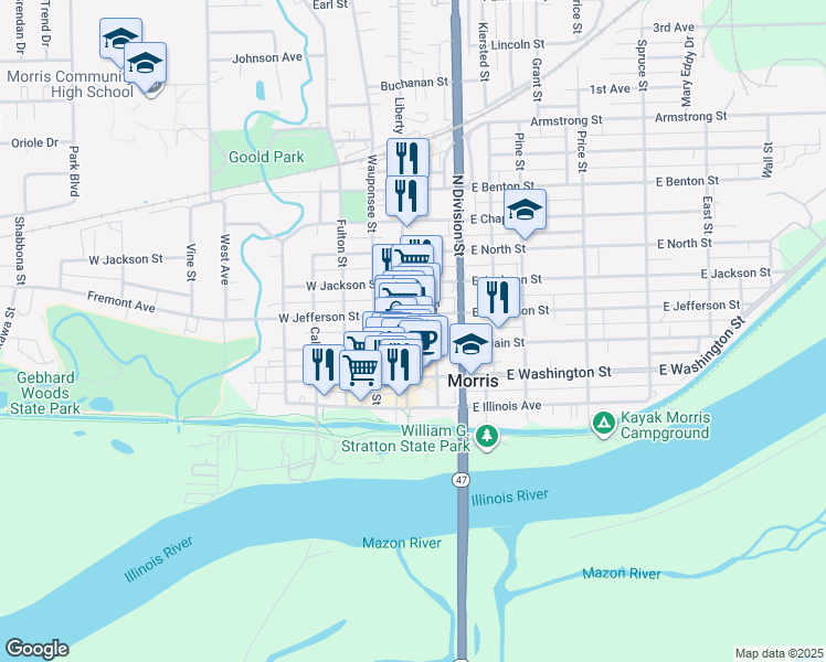 map of restaurants, bars, coffee shops, grocery stores, and more near 217 Liberty Street in Morris