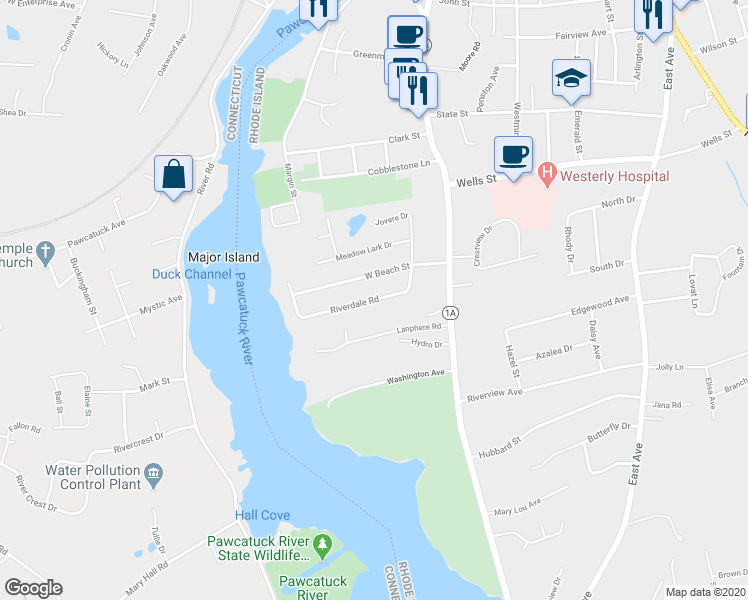 map of restaurants, bars, coffee shops, grocery stores, and more near 36 Riverdale Road in Westerly