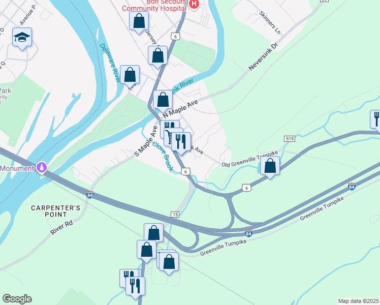 map of restaurants, bars, coffee shops, grocery stores, and more near 15 Minisink Avenue in Port Jervis