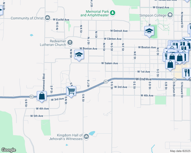 map of restaurants, bars, coffee shops, grocery stores, and more near 308 South J Street in Indianola
