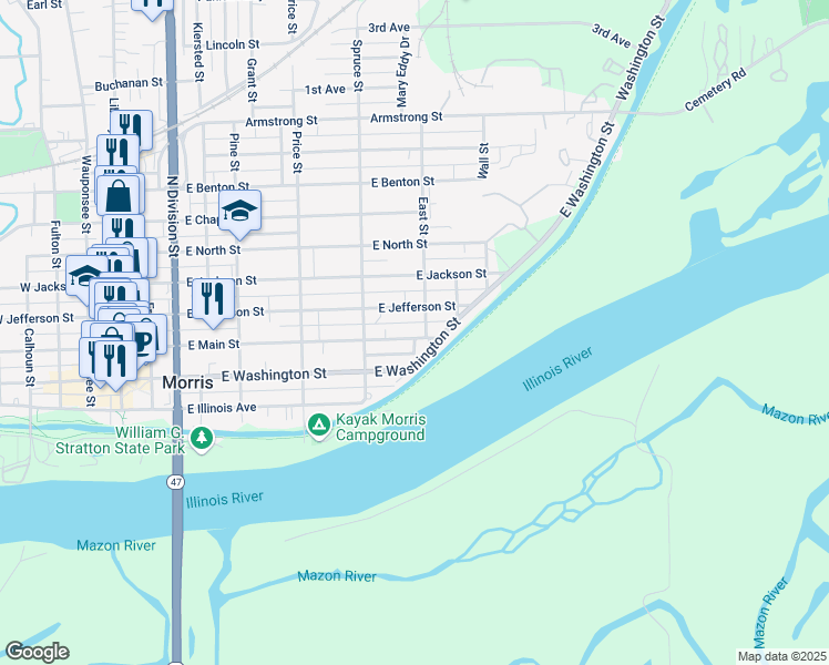 map of restaurants, bars, coffee shops, grocery stores, and more near 850 East Main Street in Morris