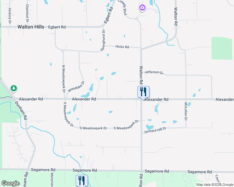 map of restaurants, bars, coffee shops, grocery stores, and more near 17684 Alexander Road in Walton Hills