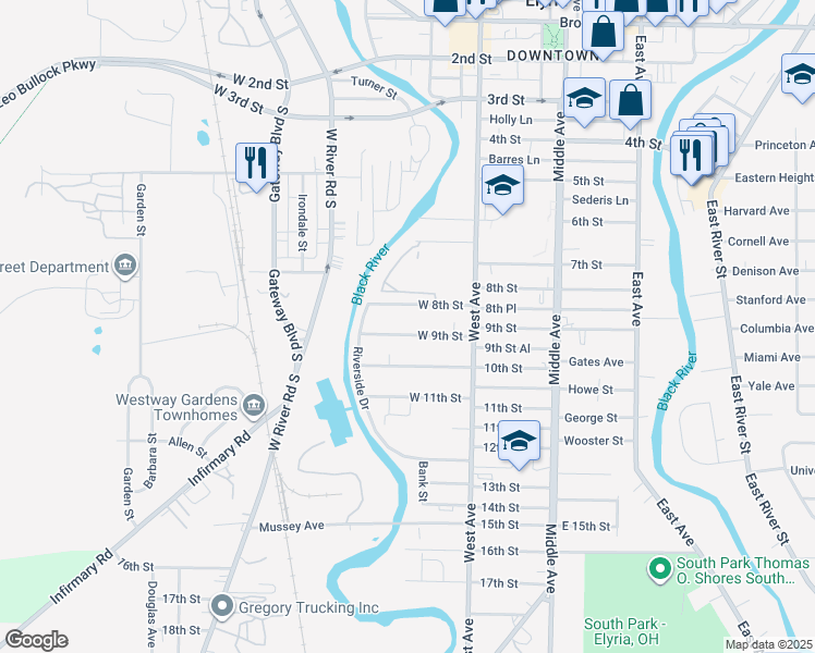 map of restaurants, bars, coffee shops, grocery stores, and more near 450 9th Street in Elyria