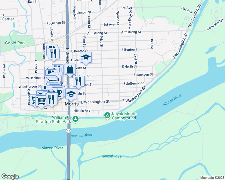 map of restaurants, bars, coffee shops, grocery stores, and more near 718 East Washington Street in Morris