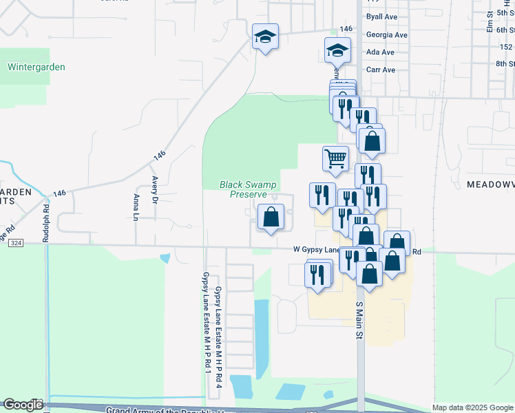 map of restaurants, bars, coffee shops, grocery stores, and more near 2 Augusta Drive in Bowling Green