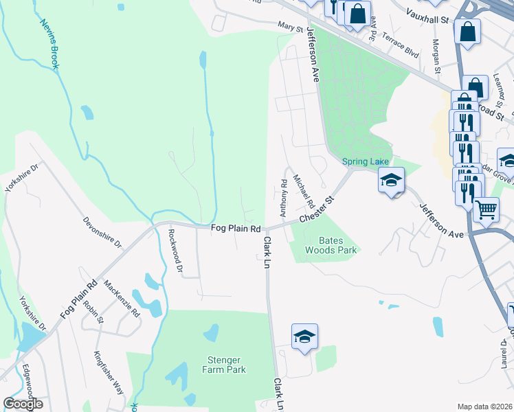 map of restaurants, bars, coffee shops, grocery stores, and more near 3 Fog Plain Road in Waterford