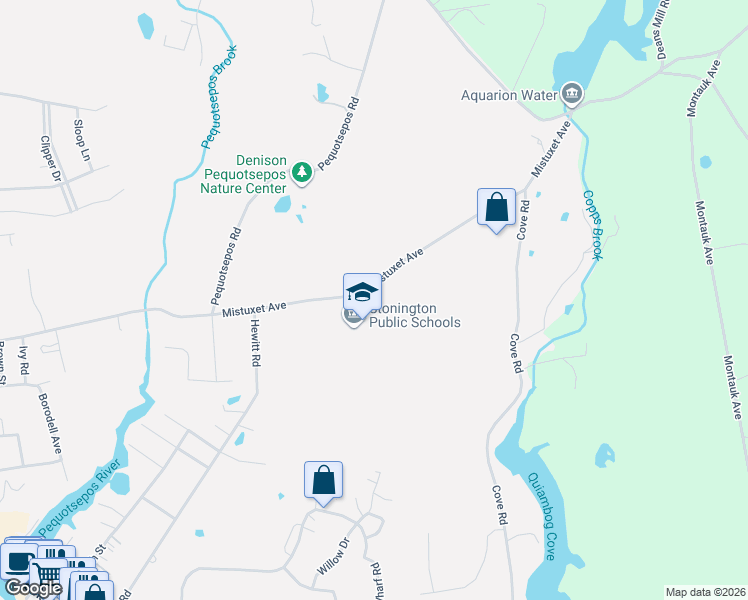 map of restaurants, bars, coffee shops, grocery stores, and more near 218 Mistuxet Avenue in Stonington