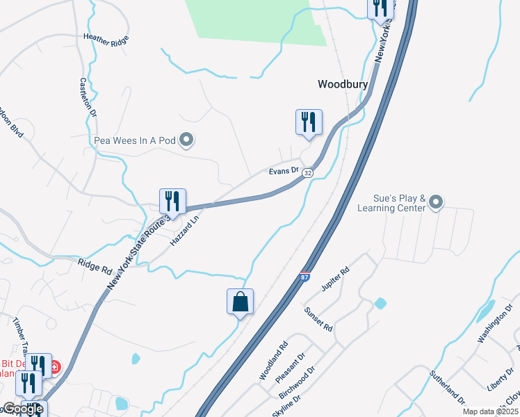 map of restaurants, bars, coffee shops, grocery stores, and more near 750 New York 32 in Woodbury