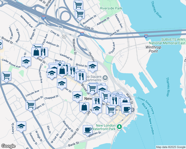 map of restaurants, bars, coffee shops, grocery stores, and more near 1 Bulkeley Place in New London