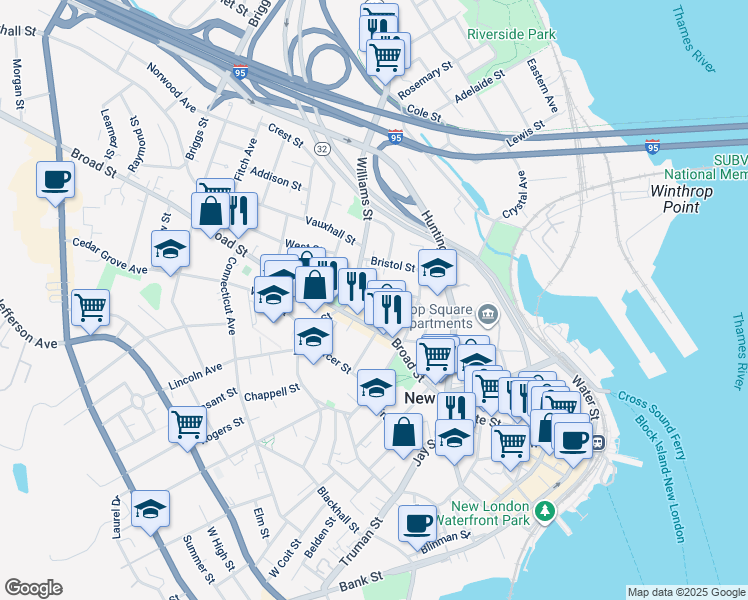 map of restaurants, bars, coffee shops, grocery stores, and more near 33 Granite Street in New London