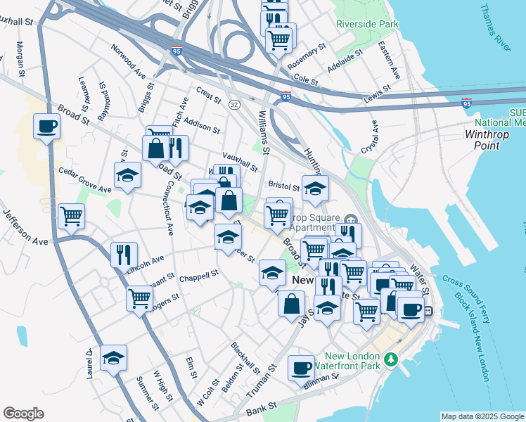 map of restaurants, bars, coffee shops, grocery stores, and more near 65 Granite Street in New London