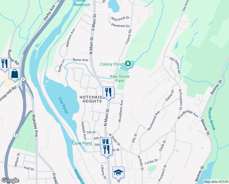 map of restaurants, bars, coffee shops, grocery stores, and more near 40 Colony Road in Ansonia