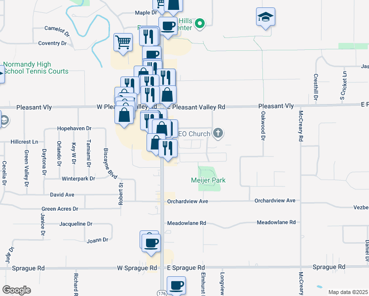map of restaurants, bars, coffee shops, grocery stores, and more near 223 Village Drive North in Seven Hills