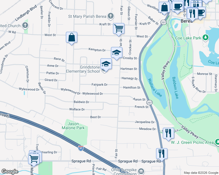 map of restaurants, bars, coffee shops, grocery stores, and more near 160 Fairpark Drive in Berea