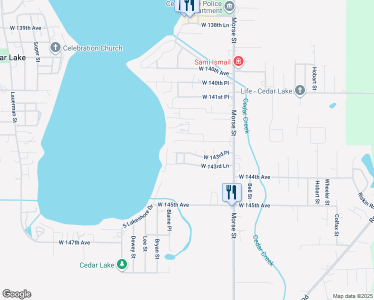 map of restaurants, bars, coffee shops, grocery stores, and more near 7506-7698 West 143rd Avenue in Cedar Lake