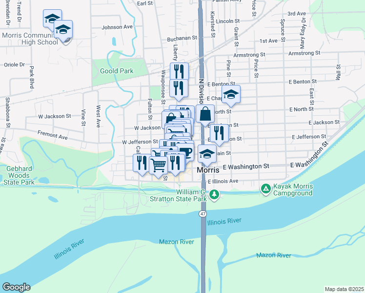 map of restaurants, bars, coffee shops, grocery stores, and more near 407 Liberty Street in Morris