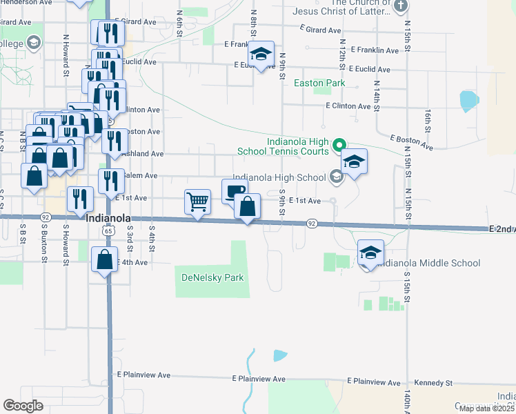 map of restaurants, bars, coffee shops, grocery stores, and more near 1008 East 1st Avenue in Indianola