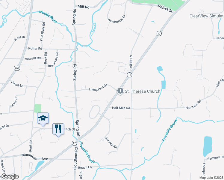 map of restaurants, bars, coffee shops, grocery stores, and more near 1 Livingston Drive in North Haven