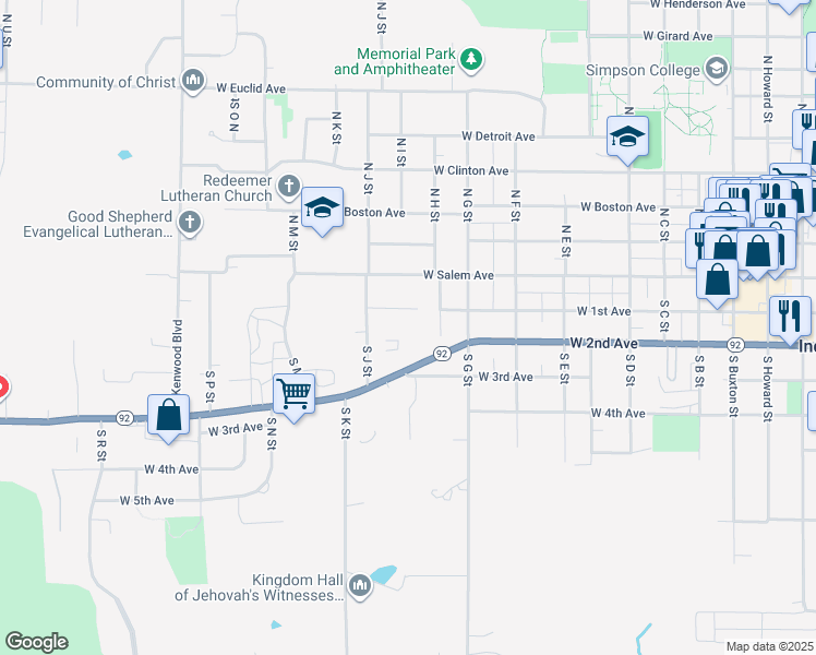 map of restaurants, bars, coffee shops, grocery stores, and more near 208 South J Street in Indianola