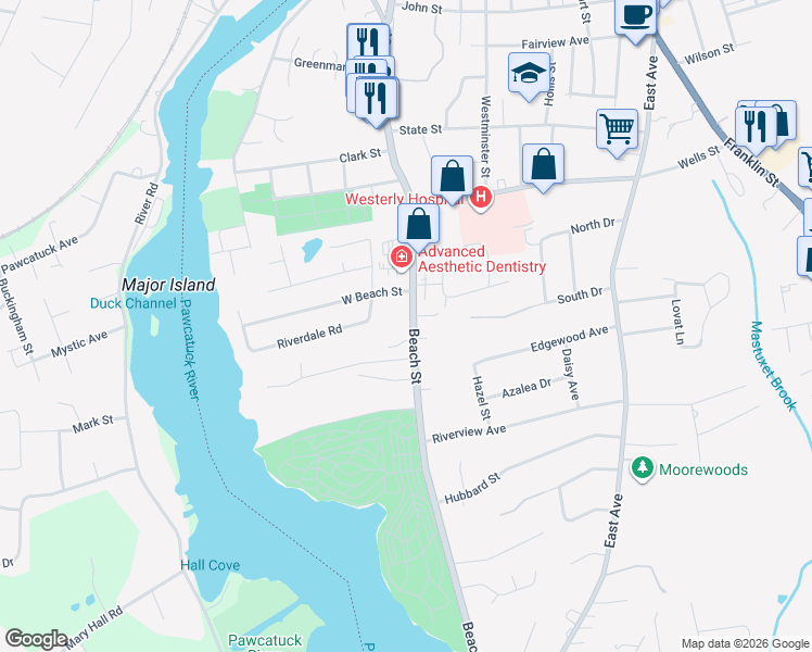 map of restaurants, bars, coffee shops, grocery stores, and more near 91 Beach Street in Westerly