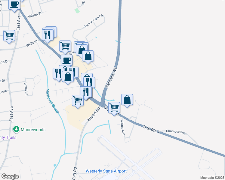 map of restaurants, bars, coffee shops, grocery stores, and more near 16 Post Road in Westerly