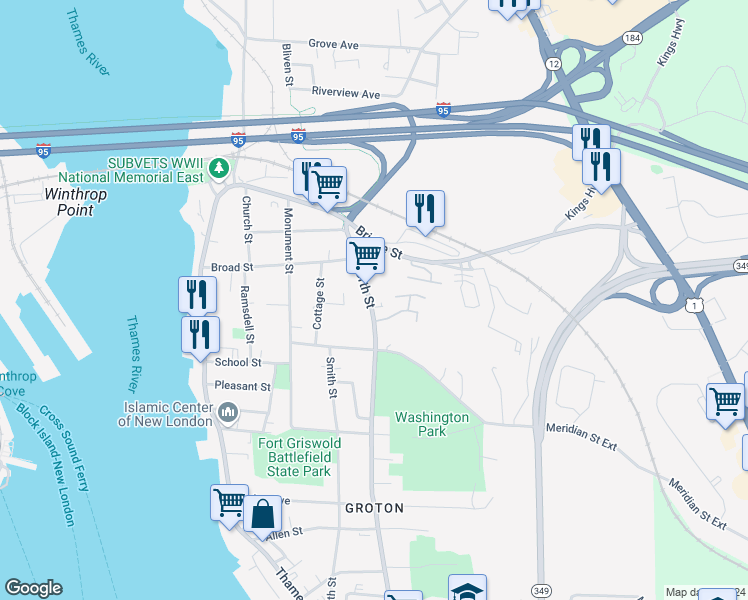 map of restaurants, bars, coffee shops, grocery stores, and more near 132 North Street in Groton