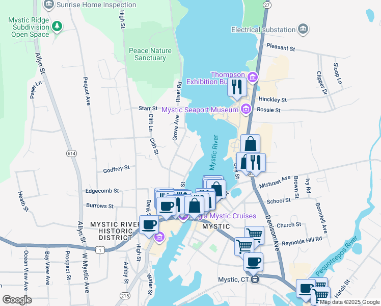 map of restaurants, bars, coffee shops, grocery stores, and more near 9 Park Place in Groton