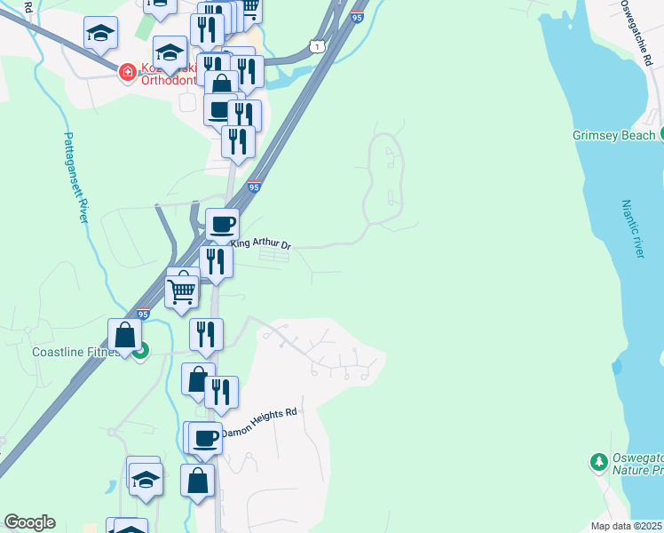 map of restaurants, bars, coffee shops, grocery stores, and more near 11 King Arthur Drive in East Lyme