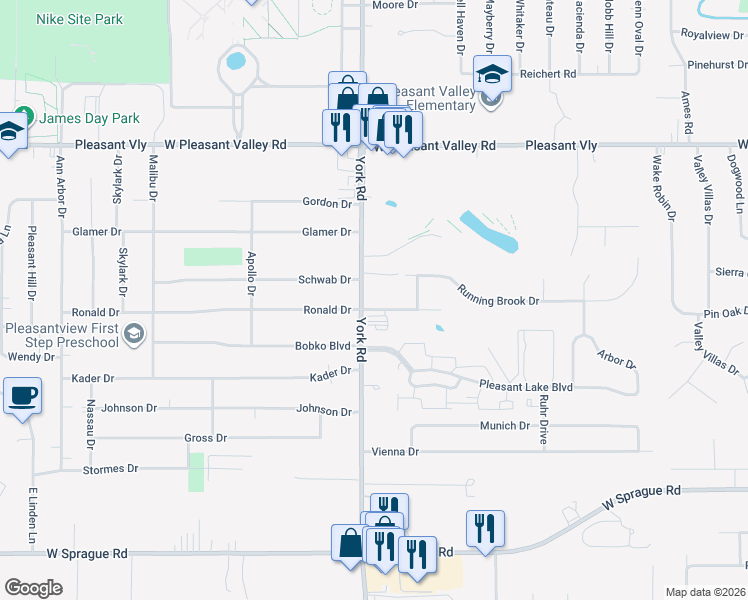 map of restaurants, bars, coffee shops, grocery stores, and more near 7629 York Road in Parma